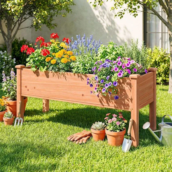 Udendørs plantekasse med espalier COSTWAY, 5 drænhuller, forhøjet plantekasse i fyrretræ, op til 100 KG, orange