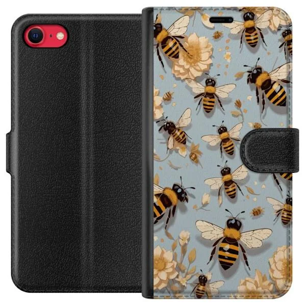 Kompatibelt Plånboksfodral till Apple iPhone SE (2022) Bin och Blommor Naturinspirerad Design med Blå Bakgrund Charmigt Motiv som Hyllar Sommar och N
