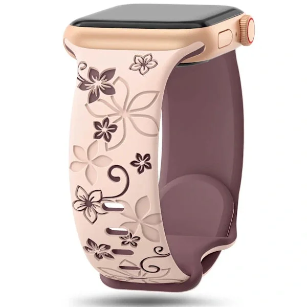 Blommigt graverat armband för Apple Watch Armband 41mm 40mm 44mm 45mm 42mm 38mm 49mm Silikon Sport iWatch Series 10 SE 9 8 7 6 Ultra 2 Rosa Rök 