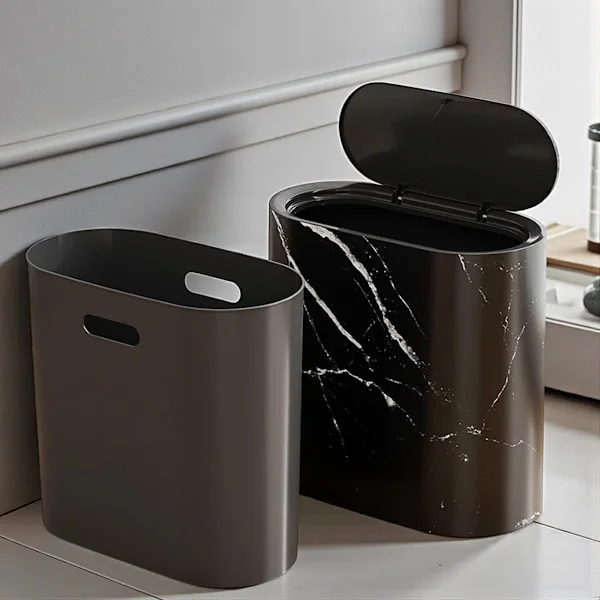 Skraldespand med push-top og lugtkontrol, PP-plastik affaldsspand til badeværelse, toilet, køkken, kontor, marmorsort 14L