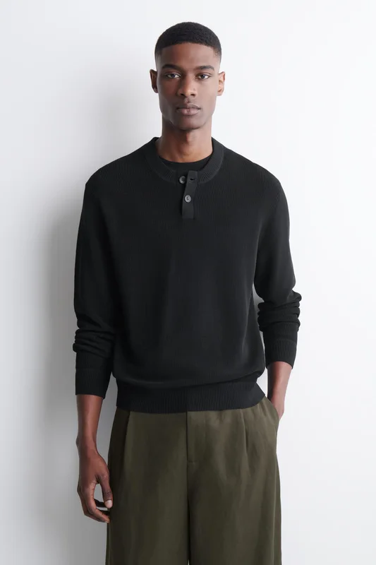 COS Men's Knitted Cotton Henley Jumper in Black