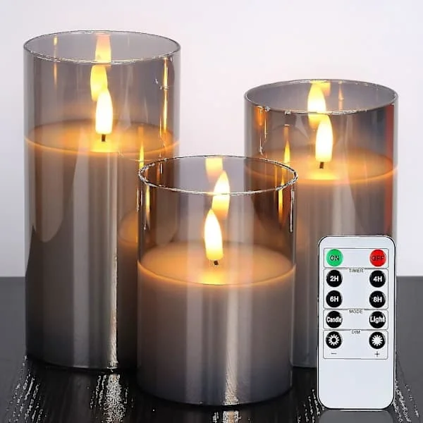 XJ-Glass LED-lampor, batteridrivna lampor, blockljus batteridrivna med fjärrkontroll och timer, elektriska ljus, vax+grått glas, set med