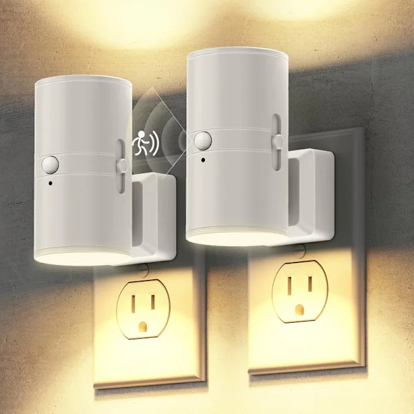 1/2 kpl Modernit LED-yövalot - Pistorasiaan asennettava - Lämmin valkoinen valo - 0-100 lumenia himmennettävä - Liiketunnistin - Makuuhuoneeseen ja 
