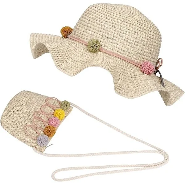 Beige - Solhat til piger, sommerhat i strå og clutch med blomster til børn