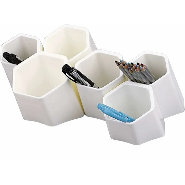 Creative Hexagonal Pen Holder, Pen Container, Brush Pot, Combined Desktop Storage Organizer, Creative Hanging Planter Holder (White)