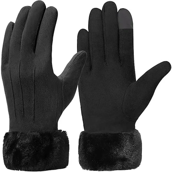 Winter Warm Touchscreen Gloves for Women - Fleece Lined, Thermal Suede Mittens with Fur, Full Finger, for Women and Girls
