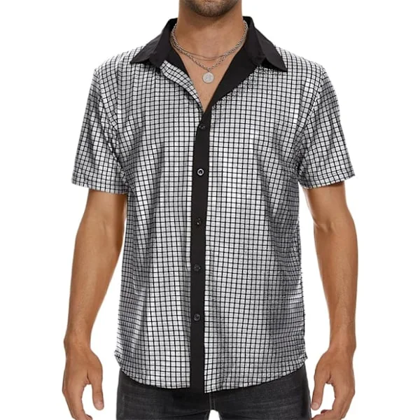 【BQ】Men's 70s 80s Glitter Sequin Shirts Metallic Party Costume Short Sleeve Button Down Shirt Funny Nightclub T-shirt Grey M