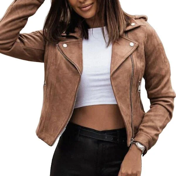 Khaki XL Women's Suede Biker Jacket with Zipper - Motorcycle Jacket