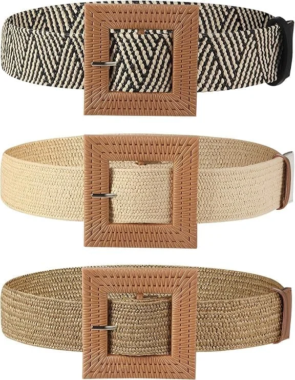 3 stk. halmvevde belter elastiske stretchbelter boho midjebelte smale kjoleflettede belter trespenn