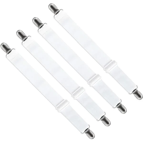 Adjustable Sheet Straps (65 cm to 200 cm), Adjustable Tension Straps for Sheets, Sofa, Ironing Board Covers (White, 4-pack)