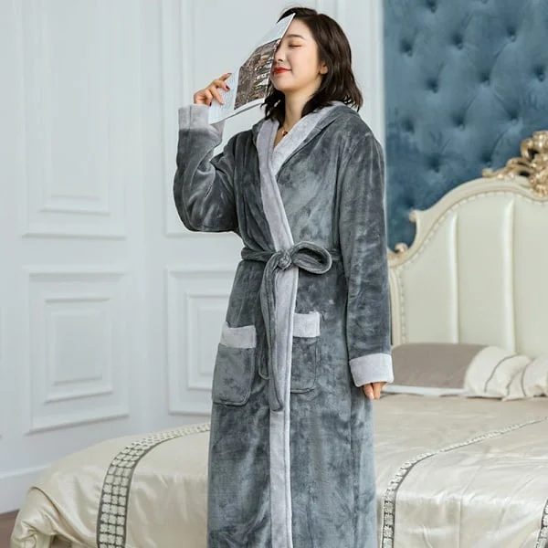 Lång morgonrock dam vinter flanell Tjock badrock Korallfleece Pyjamas dam grå
