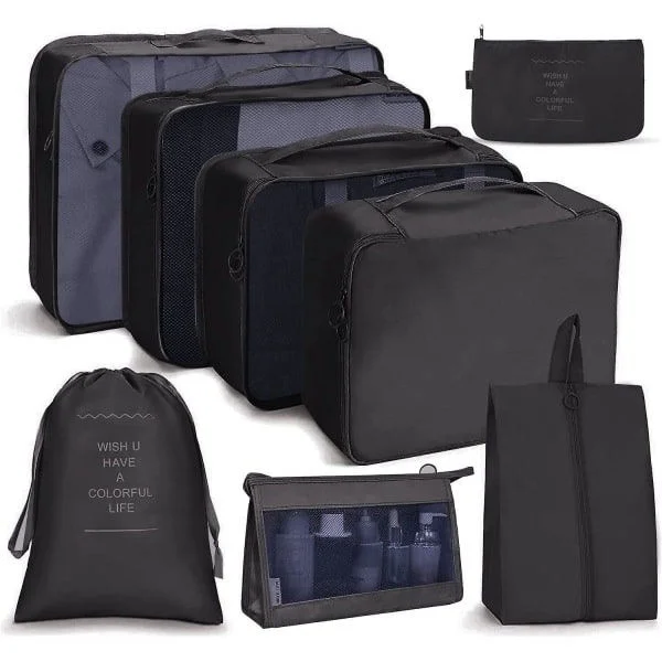 8-pack Organizer Set för Resväskor, Förvaringsväskor, Packkuber, Resväskor, Presenter Svart