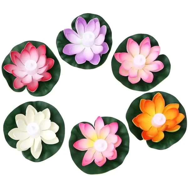 6 stk flytende blomster LED-lys kunstige vannliljer lotus 18 cm ønskelanterner hagedam basseng påskefest festdekorasjon (blandet farge)