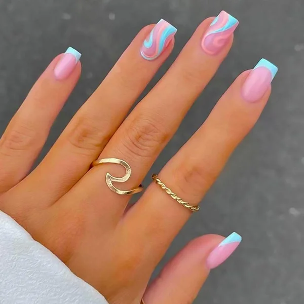 French Tip Press-on Nails Medium Fake Nails Blue Nails for Women with Swirl Design Square Acrylic Nail