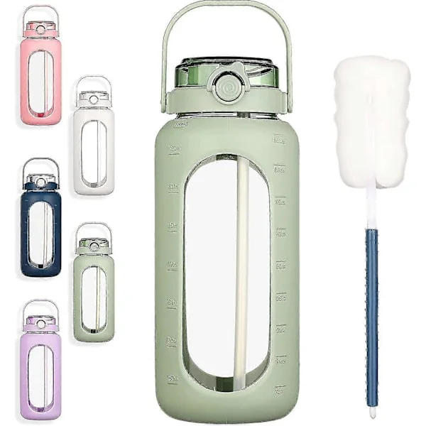 Bluego 64oz Glasvattenflaskor Med Sugrör Tidsmarkör Halvgallon Stor Motiverande Vattenflaska Med Silikonhylsa 2l Stor Glasvattenkanna