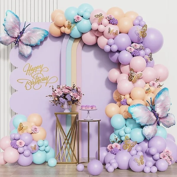 Sommerfugl Bursdagsdekorasjoner 150 stk Lilla Rosa Sommerfugl Pastell Ballong Girland Bue Kit Med Sommerfugl Klistremerker For Jenter Baby Shower 