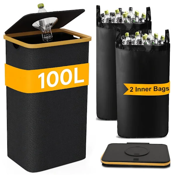 Household Recycling Bin with Two Removable, Reusable Inner Bags, 600D Oxford Fabric, for Recycling Bottles, Cardboard, and Glass