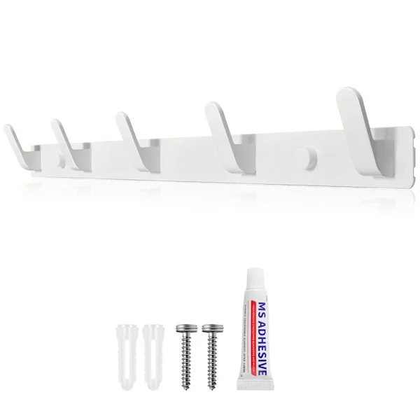 Wall Mounted Coat Rack White Coat Rack with 5 Hooks Two Installation Methods (with Glue and Screws) for Entryway Bedroom Bathroom (white)