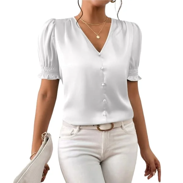 Damebluser Pyntelig Uformell Sateng V-hals Kortermede Skjorter Business Casual Topper for Kvinner