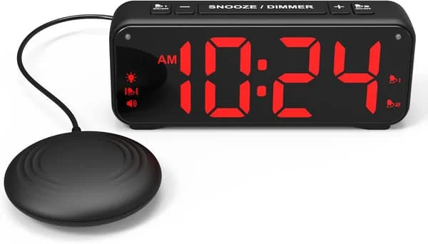 Vibrationsvækkeur, ekstra høj alarm til sovende, ekstra stort display til ældre med dobbelt alarm, SORT