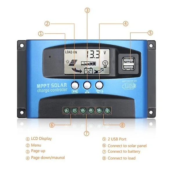 Mppt-aurinkopaneelin säädin Smart 12V/24V akku 5-porttisella USB LCD-näytöllä, suurin latausvirta 60A