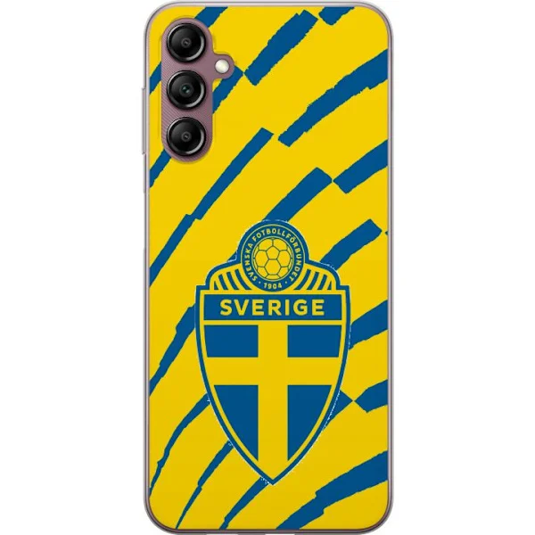Kompatibelt Mobilskal till Samsung Galaxy A14 5G Svenskt fotbollsemblem mot blågul grafisk bakgrund med stark nationell identitet och sportkänsla