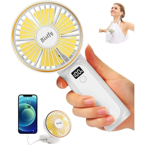 Handhållen Fläkt, Portabel Handhållen Fläkt USB 5200mAh Uppladdningsbar Vikbar Skrivbordsfläkt, Ultra Tyst 6 Hastigheter LED USB C Halsfläkt, 