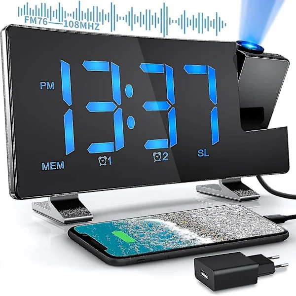 Radio Vekkerklokke med Takprojeksjon, Vekkerklokke Projektor Tak med FM-radio, Stor LED Cran Display 12/24t USB Ladeport Doble Lyssterke Frontlykter
