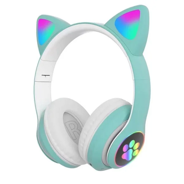 Vikbara trådlösa Bluetooth-hörlurar för barn - LED-ljus grön, justerbart over-ear headset för skola och resa grön
