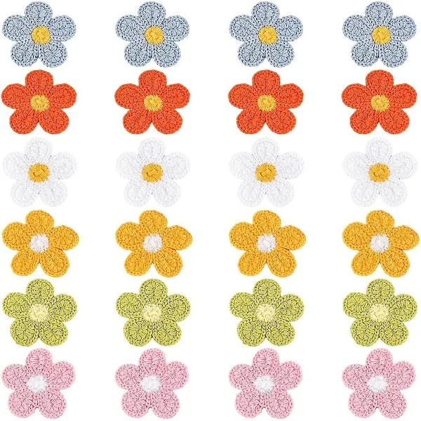 24 st virkade blomsterapplikationer, blommor att sy på, blomsterdekorationer för gör-det-själv-hantverk, kläder, klänningar, jeans, väskor, hattar, 