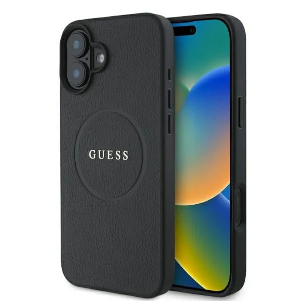 Guess MagSafe-etui med kornet gullring for iPhone 16 - svart