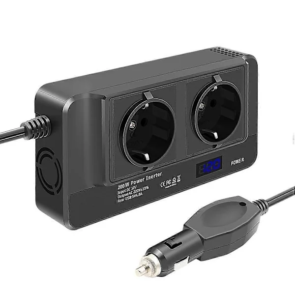 200W Bil Inverter, Spændingsomformer 12V til 220V med Smart Tidsvisning LCD, 2 Stik og 4 USB Ca