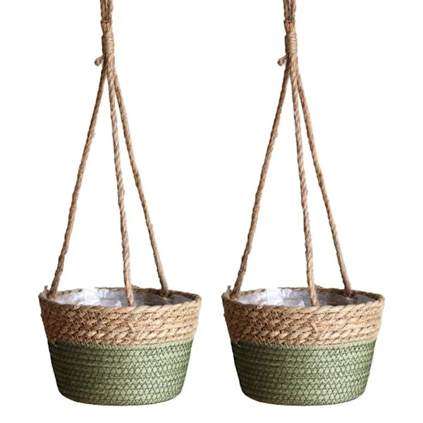 (20 cm machine-made green basket) 2 pcs rattan flower basket hanging basket hanging pot green radish flower pot hemp rope hanging hanging wall