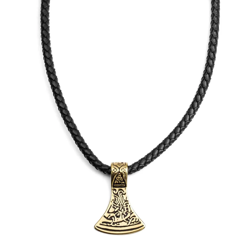 Gold-Tone Norse Axe Black Leather Necklace for Men - Thor's hammer necklaces
