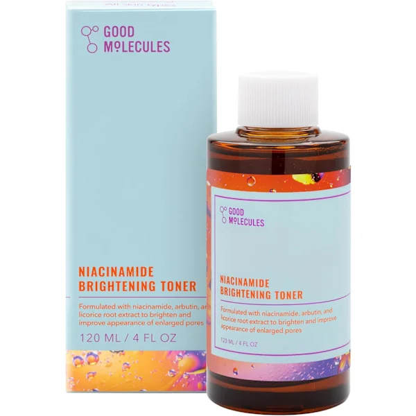 Good Molecules Niacinamid Lysnende Toner, indeholder niacinamid, C-vitamin og arbutin, hjælper med at minimere porer.