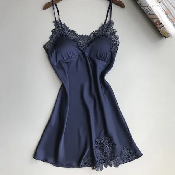 Naisten seksikäs alusasu silkkinen pitsimekko aamutakki Babydoll yöpaita laivastonsininen M