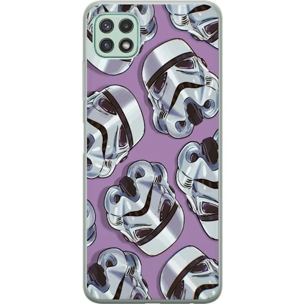 Yhteensopiva Puhelinkuori Samsung Galaxy A22 5G Kuvioitu sci-fi-motiivi, jossa on valkoiset futuristiset kypärät violetilla taustalla