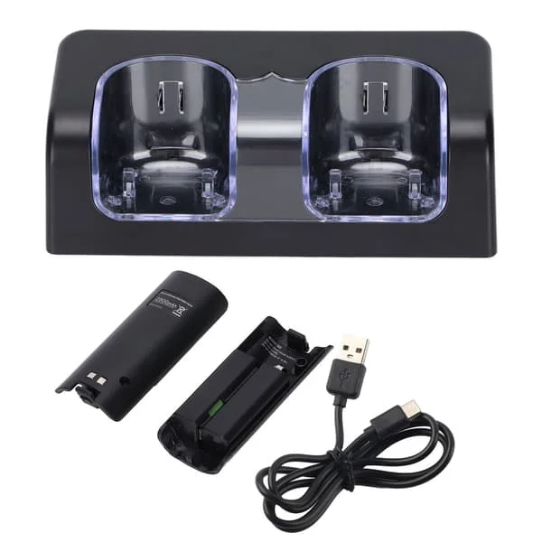 Trådlös Batteriladdare med AC-adapter Stabil Portabel Dubbel Laddstation Docka för Wii Spelkontroll Batteri Svart