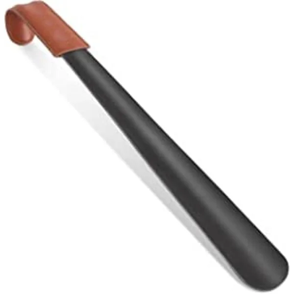 (Svart) Langt skohorn i metall 42 cm - Stort skohorn i rustfritt stål med lærfutteral - Enkelt å bruke skohorn