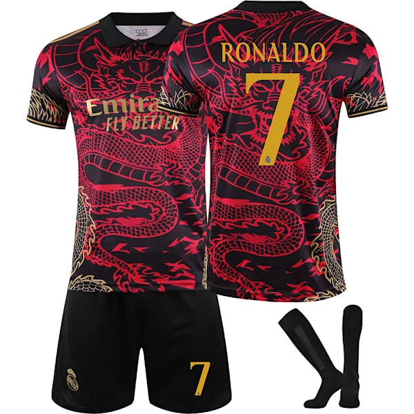 24-25 Real Madrid CF Dragon Jubileumsutgave Svart Rød Treningsskjorte NR.7 RONALDO Drakter Barn Voksen Fotballsett med Sokker NR.7 XXL