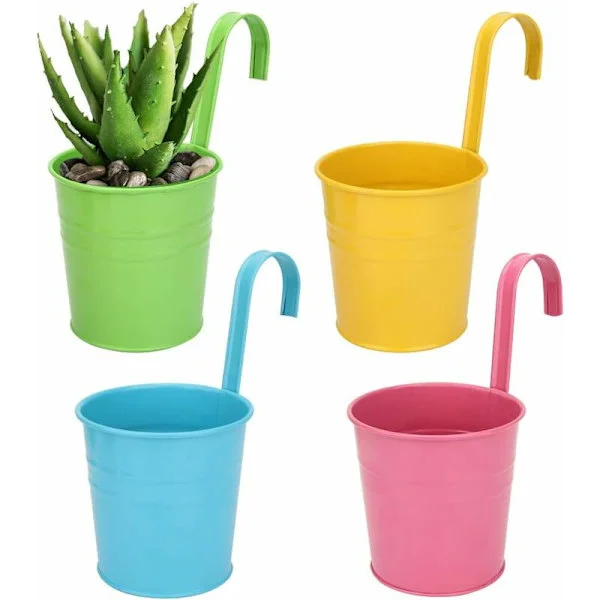 Hengende blomsterpotter i metall, utendørs blomsterpotter, med dreneringshull, egnet for hager, balkonger, gjerder, terrasser, dekorasjon, 4-pakning.