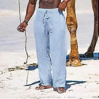 Men's Summer Breathable Linen Pants Lightweight Yoga Beach Cotton Linen Solid Color Trousers Loose Casual (XXXXL Blue)