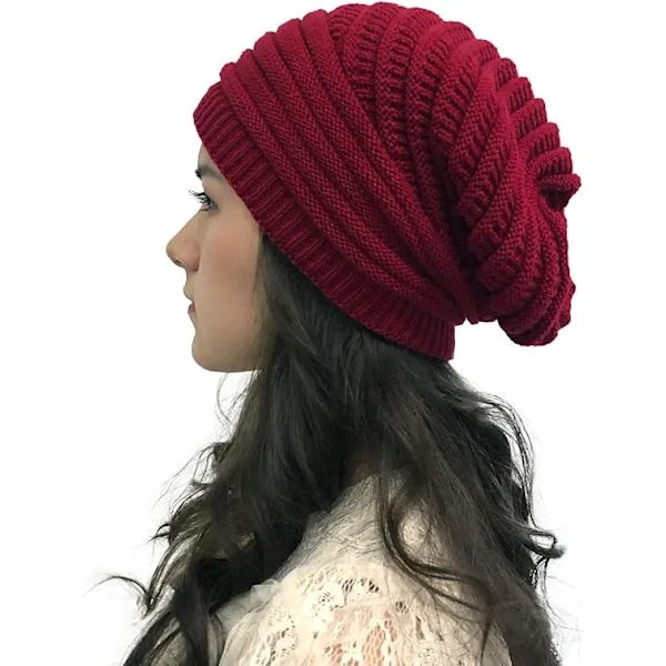Jujube Rød Dame Kabel Beanie Lue Slouchy Strikket Lue Skalle Lue