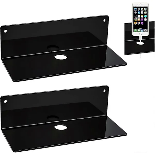 Set of 2 Acrylic Floating Wall Shelves, Modern Small Adhesive Wall Shelves for Bedroom, Bathroom, Kitchen, Office, Playroom (Black)