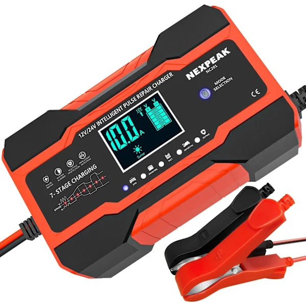 10 amp bilbatterilader, helautomatisk smart batterilader for 12 volt og 24 volt
