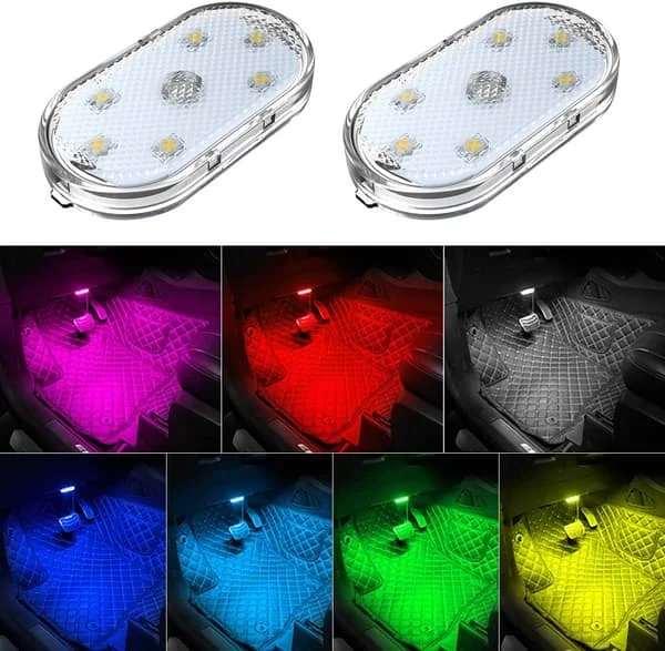 2 ST LED-lampor för bil interiör, 7 färger omgivande belysning Bilinteriör, USB uppladdningsbar bil interiör läslampa, bärbara LED-lampor för bil