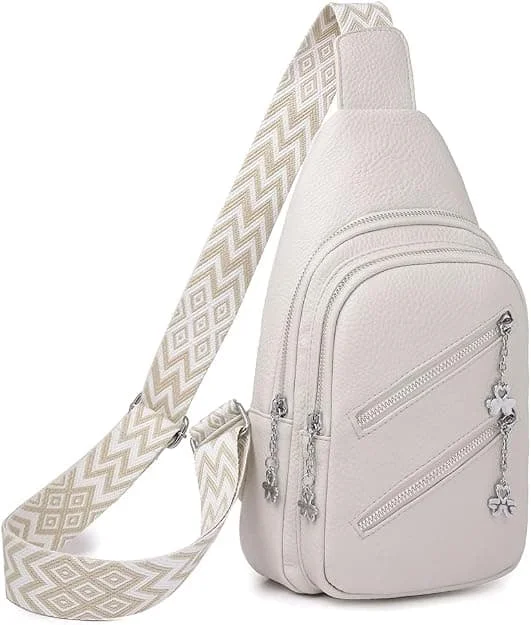 Sling Bag for Women, Crossbody Fanny Packs PU Leather Crossbody Bags Chest Bag Multiple Compartments Belt Bag Wallet with Adjustable Strap 30 cm White
