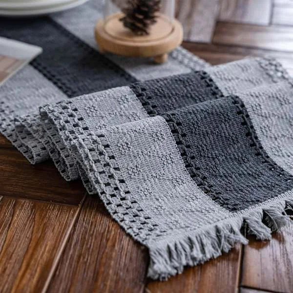 Makramé Bordløper Vevd Rustikk Bordløper Bomull Lin Boho Stil Bordløper med Frynser for Spisebord (Grå, 30x180cm)