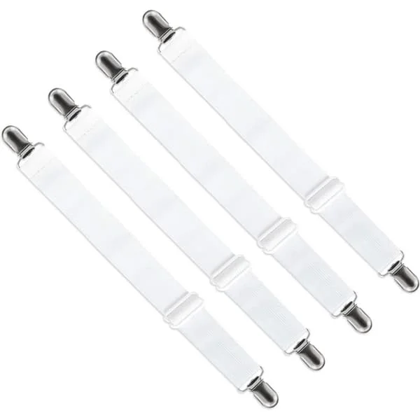Adjustable Sheet Straps (65cm to 200cm), Adjustable Strap Fastener for Sheets, Sofa, Ironing Board Cover (White, 4-pack) White