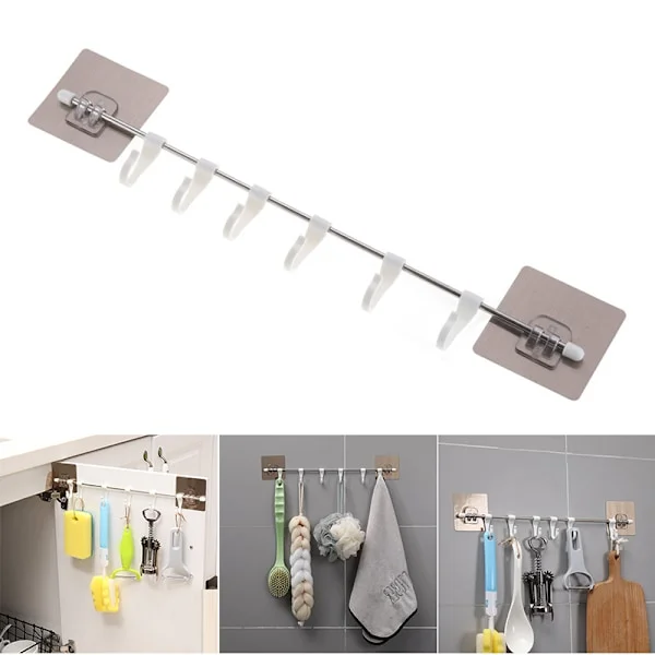Self-adhesive storage rail with movable 6 hooks Wall-mounted hanging utensil holder for kitchen bathroom